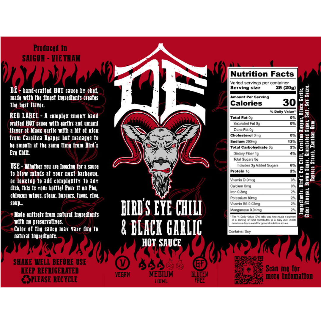 DÊ HOT SAUCE Birds Eye Chili & Black Garlic 110ml LABEL