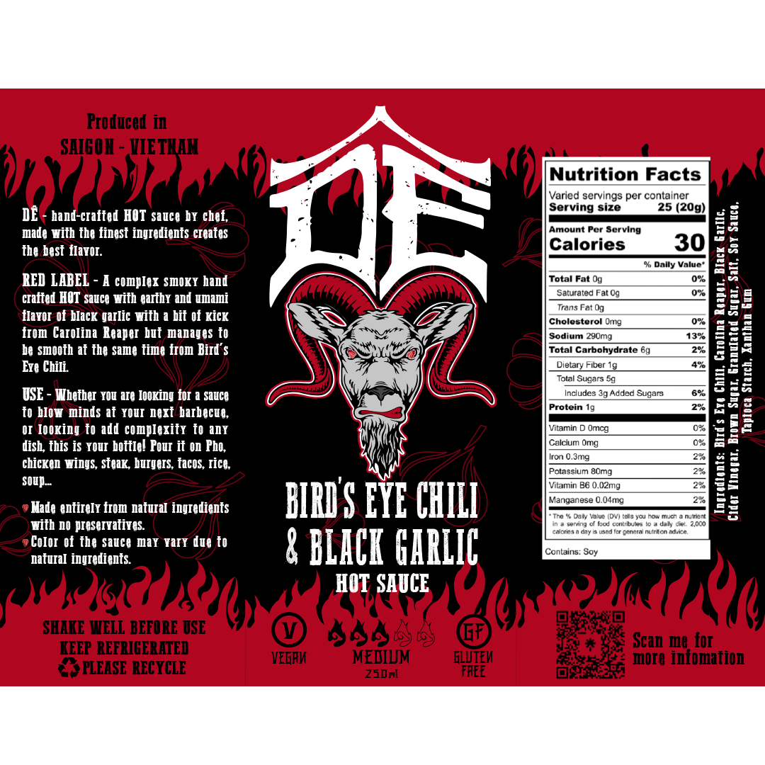 DÊ HOT SAUCE Birds Eye Chili & Black Garlic 250ml LABEL
