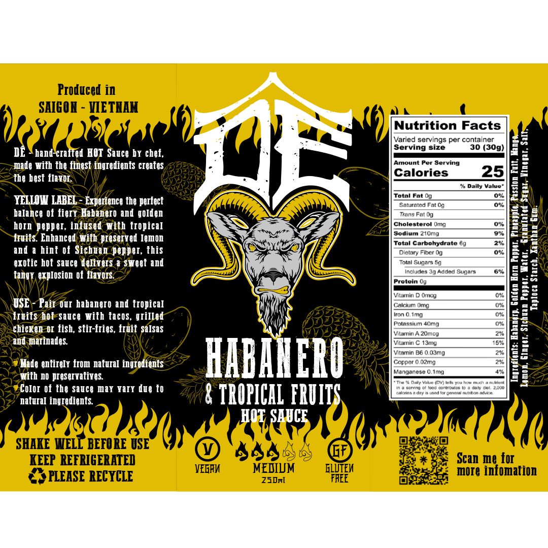 DÊ HOT SAUCE Habanero & Tropical Fruits 250ml LABEL